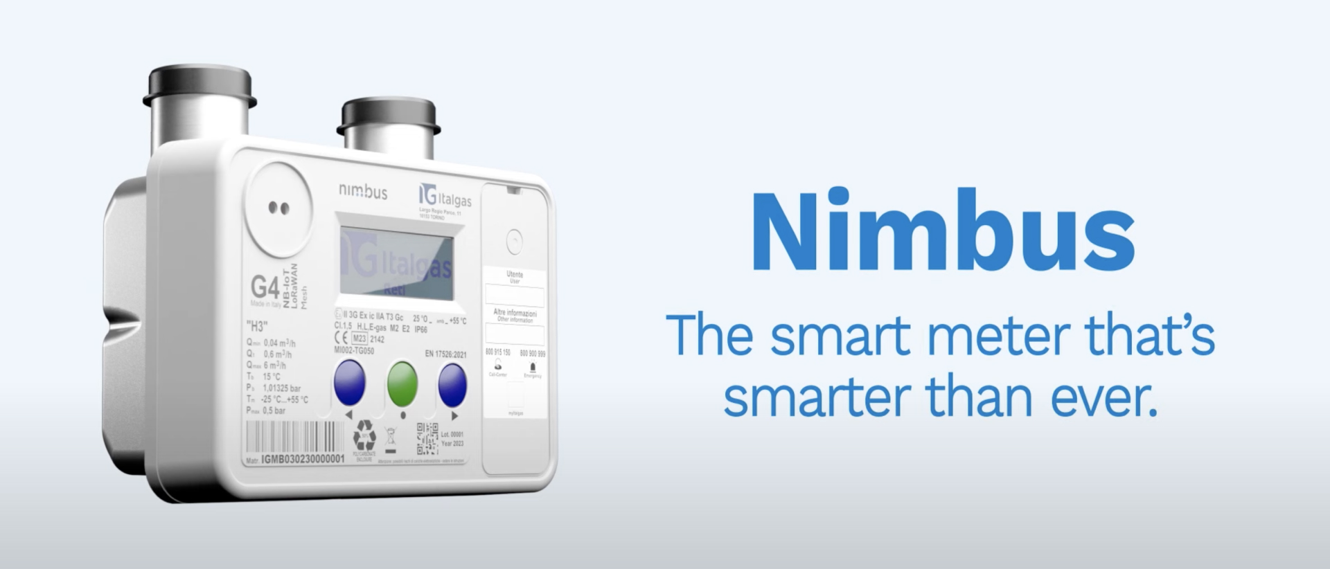 Nimbus di Italgas è un contatore intelligente per gas, con design moderno, display centrale e funzionalità avanzate per una misurazione precisa ed efficiente.