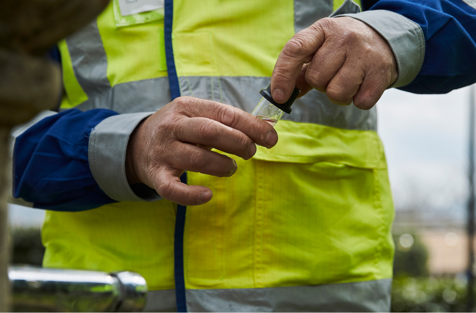 Lavoratore Italgas in gilet riflettente ispeziona campione acqua, simbolo gestione idrica di Nepta in Lazio, Campania e Sicilia.