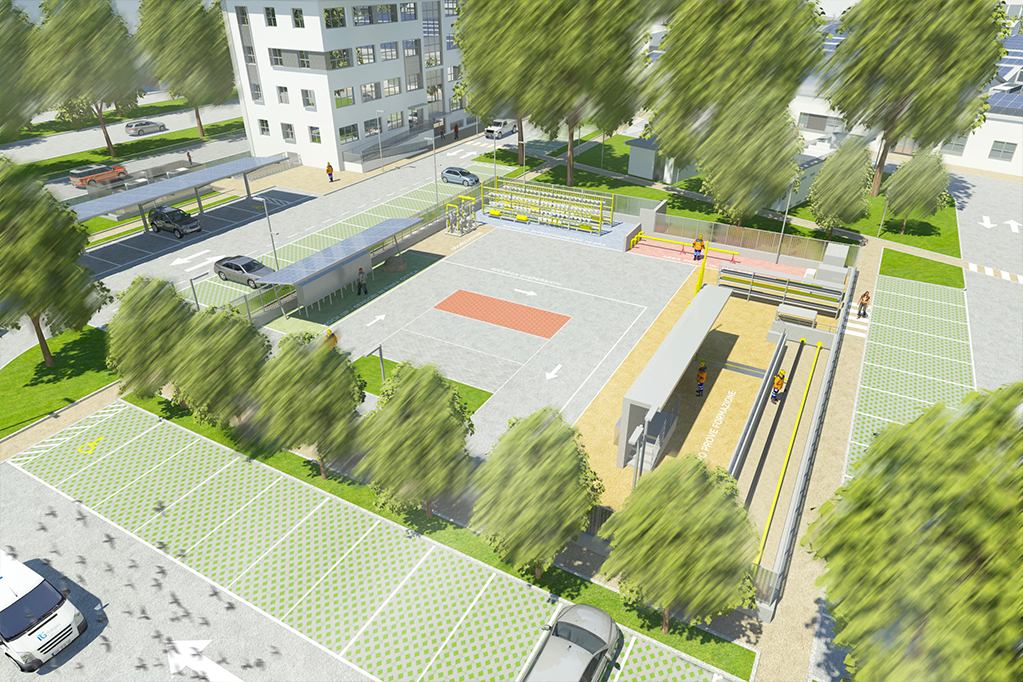 Vista aerea del Centro di Ricerca Italgas con parcheggio, strade, alberi e modelli di edifici.