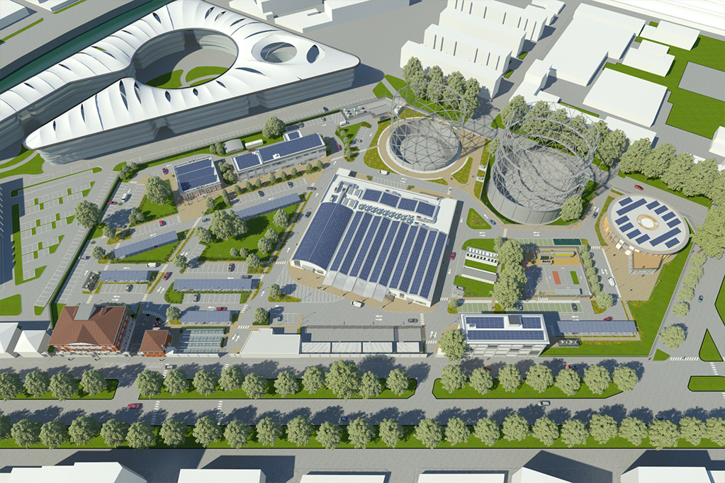 Vista aerea del centro di ricerca Italgas con pannelli solari e architettura moderna.