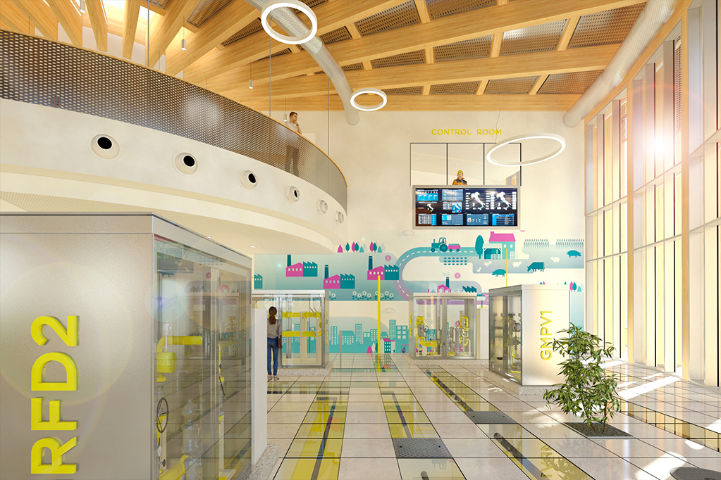 Centro Ricerca Italgas, interni luminosi con postazione di controllo e aree tecniche.