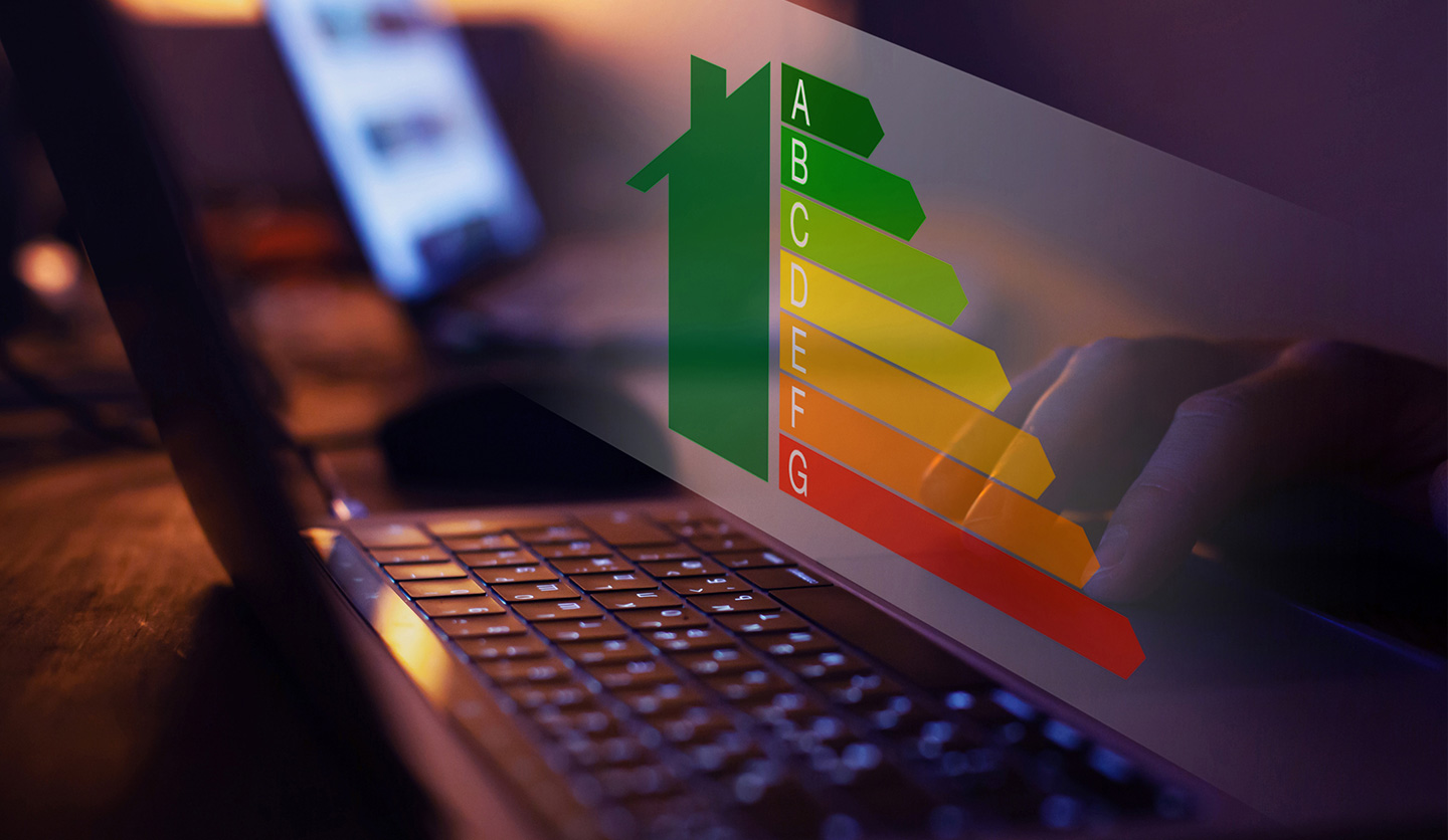 energy efficiency classification on a tablet, scale from A to G, for Italgas