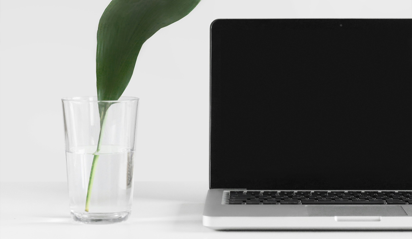 laptop turned off next to glass vase with green leaf, symbolizing sustainability, ESG commitment of Italgas.i