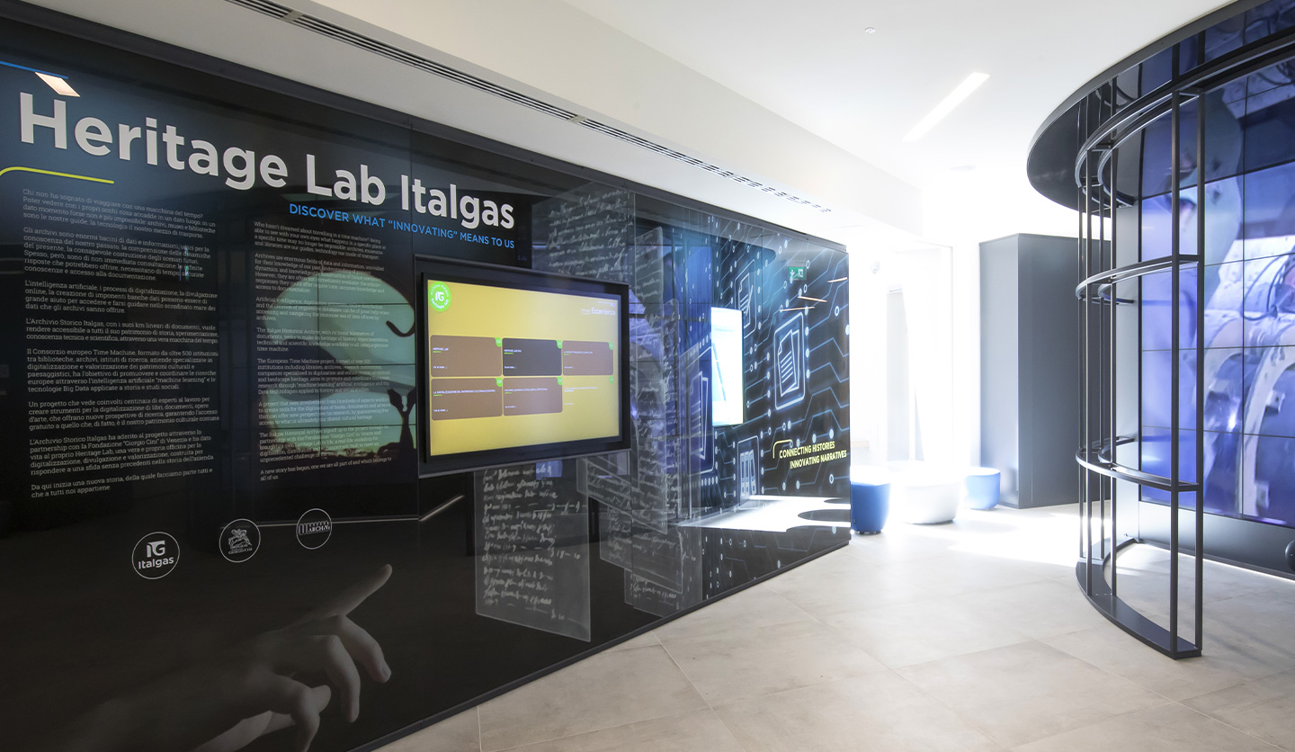 Teaches "Heritage Lab Italgas" with informative text to share the history of social and technological development.